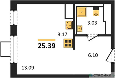 Планировка студии(квартира) площадью 25.39 квадратных метров в ЖК “ЖК Томилино Парк”