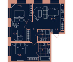 Планировка 4+ комнатной(квартира) площадью 79.3 квадратных метров в ЖК “ЖК Era (Эра)”