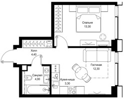Планировка однокомнатной(квартира) площадью 37.3 квадратных метров в “ЖК Cityzen (Ситизен)”