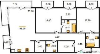 Планировка двухкомнатной(квартира) площадью 93.2 квадратных метров в “Квартал Тишинский Бульвар”