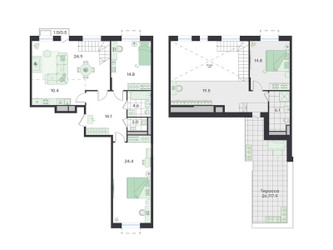 Планировка 4+ комнатной(квартира) площадью 144 квадратных метров в ЖК “ЖК G3 Театральный”