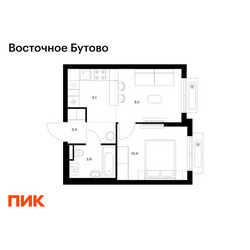 Планировка однокомнатной(квартира) площадью 33.3 квадратных метров в ЖК “ЖК Восточное Бутово”