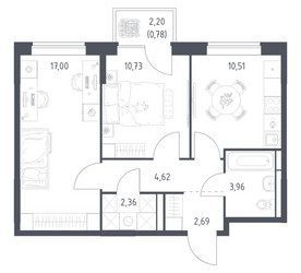 Планировка двухкомнатной(квартира) площадью 52.65 квадратных метров в ЖК “ЖК Богдановский Лес”