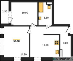 Планировка двухкомнатной(квартира) площадью 53.5 квадратных метров в “ЖК Родные кварталы”