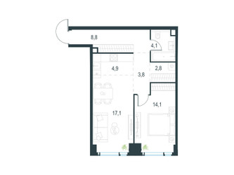 Планировка двухкомнатной(квартира) площадью 55.6 квадратных метров в ЖК “ЖК Левел Мичуринский”