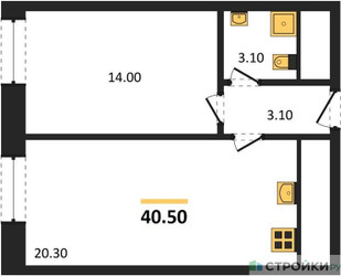 Планировка однокомнатной(квартира) площадью 40.5 квадратных метров в ЖК “ЖК ЗИЛАРТ”