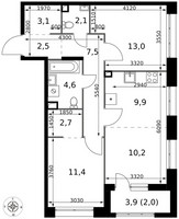 Планировка трехкомнатной(квартира) площадью 69 квадратных метров в “ЖК 1-й Саларьевский (Первый Саларьевский)”