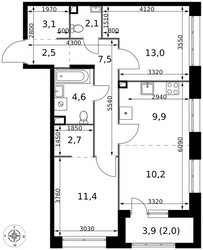 Планировка трехкомнатной(квартира) площадью 69 квадратных метров в ЖК “ЖК 1-й Саларьевский (Первый Саларьевский)”