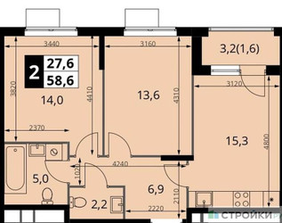 Планировка двухкомнатной(квартира) площадью 58.6 квадратных метров в “ЖК 1-й Измайловский (Первый Измайловский)”