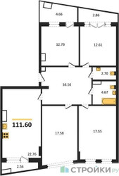 Планировка 4+ комнатной(квартира) площадью 111.6 квадратных метров в ЖК “ЖК Эльйон”