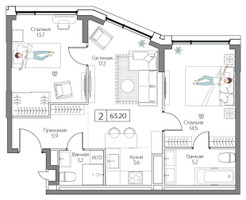 Планировка двухкомнатной(квартира) площадью 63 квадратных метров в “ЖК Dream Riva (Дрим Рива)”