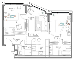 Планировка двухкомнатной(квартира) площадью 63 квадратных метров в ЖК “ЖК Dream Riva (Дрим Рива)”