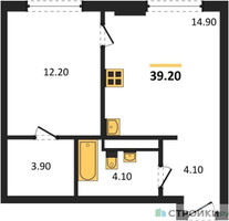 Планировка однокомнатной(квартира) площадью 39.2 квадратных метров в “ЖК Детали”
