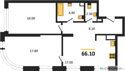 Планировка двухкомнатной(квартира) площадью 66.1 квадратных метров в ЖК “ЖК Символ”