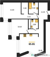 Планировка двухкомнатной(квартира) площадью 65.81 квадратных метров в “ЖК Insider (Инсайдер)”