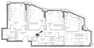 Планировка трехкомнатной(квартира) площадью 85 квадратных метров в “ЖК Дрим Рива”