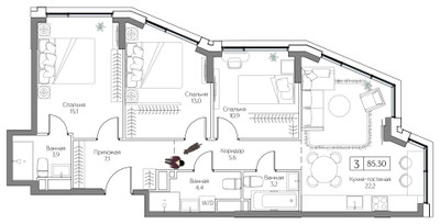 Планировка трехкомнатной(квартира) площадью 85 квадратных метров в ЖК “ЖК Дрим Рива”