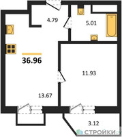 Планировка однокомнатной(квартира) площадью 36.96 квадратных метров в “ЖК ВОСТОК II”