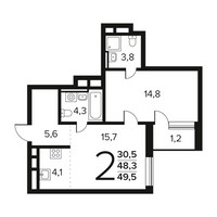 Планировка двухкомнатной(квартира) площадью 49.5 квадратных метров в “Новые Ватутинки. Заречный”