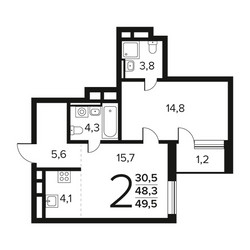 Планировка двухкомнатной(квартира) площадью 49.5 квадратных метров в ЖК “Новые Ватутинки. Заречный”