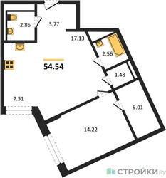 Планировка однокомнатной(квартира) площадью 54.54 квадратных метров в ЖК “ЖК Рублевский Квартал”
