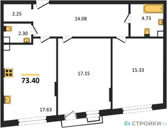 Планировка двухкомнатной(квартира) площадью 73.4 квадратных метров в ЖК “ЖК Эльйон”