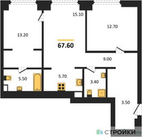 Планировка двухкомнатной(квартира) площадью 67.6 квадратных метров в “ЖК Upside Towers (Апсайд Тауэрс)”