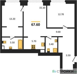 Планировка двухкомнатной(квартира) площадью 67.6 квадратных метров в ЖК “ЖК Upside Towers (Апсайд Тауэрс)”