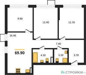 Планировка трехкомнатной(квартира) площадью 69.9 квадратных метров в ЖК “ЖК Деснаречье”