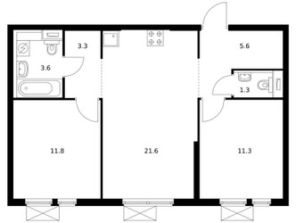 Планировка двухкомнатной(квартира) площадью 57.3 квадратных метров в ЖК “ЖК Второй Нагатинский”