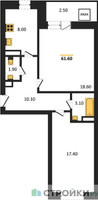 Планировка двухкомнатной(квартира) площадью 61.6 квадратных метров в “ЖК Три квартала”