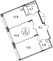 Планировка двухкомнатной(квартира) площадью 57 квадратных метров в “ЖК Переделкино Ближнее”