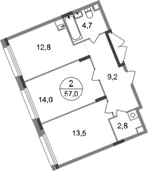 Планировка двухкомнатной(квартира) площадью 57 квадратных метров в ЖК “ЖК Переделкино Ближнее”