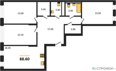 Планировка трехкомнатной(квартира) площадью 88.6 квадратных метров в ЖК “ЖК Переделкино Ближнее”