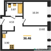 Планировка однокомнатной(квартира) площадью 36.46 квадратных метров в “ЖК Квартал Авиаторов”