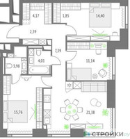 Планировка трехкомнатной(квартира) площадью 86.47 квадратных метров в “ЖК Upside Towers (Апсайд Тауэрс)”