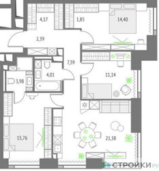 Планировка трехкомнатной(квартира) площадью 86.47 квадратных метров в ЖК “ЖК Upside Towers (Апсайд Тауэрс)”