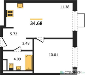Планировка однокомнатной(квартира) площадью 34.68 квадратных метров в ЖК “ЖК Квартал Западный”