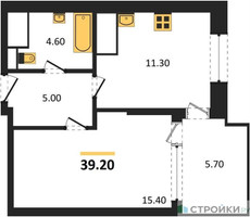 Планировка однокомнатной(квартира) площадью 38.9 квадратных метров в “ЖК VERY на Миклухо-Маклая (Вери на Миклухо-Маклая)”