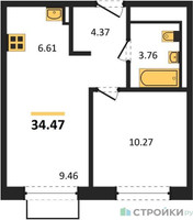 Планировка однокомнатной(квартира) площадью 34.47 квадратных метров в “ЖК Квартал Марьино”