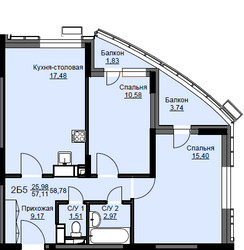 Планировка двухкомнатной(квартира) площадью 59 квадратных метров в ЖК “ЖК Соболевка”