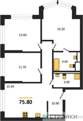 Планировка трехкомнатной(квартира) площадью 75.8 квадратных метров в ЖК “ЖК Символ”