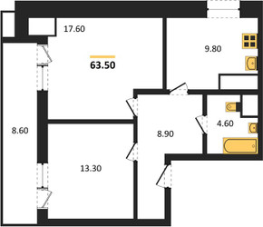 Планировка двухкомнатной(квартира) площадью 63.5 квадратных метров в ЖК “ЖК Парк Легенд 2”