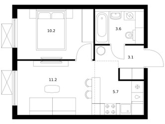 Планировка однокомнатной(квартира) площадью 33.8 квадратных метров в ЖК “ЖК Яуза Парк (Мытищи)”