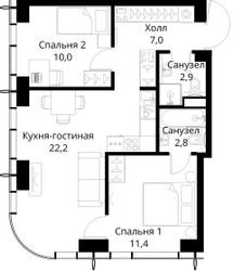 Планировка двухкомнатной(квартира) площадью 56.3 квадратных метров в ЖК “ЖК Сити Бэй”