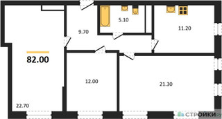 Планировка трехкомнатной(квартира) площадью 82 квадратных метров в “ЖК Южная Долина”
