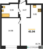 Планировка однокомнатной(квартира) площадью 45.94 квадратных метров в “ЖК EvoPark Сокольники”