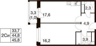 Планировка однокомнатной(квартира) площадью 44.7 квадратных метров в “ЖК Идеал”