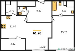 Планировка однокомнатной(квартира) площадью 61.2 квадратных метров в “ЖК Режиссер”