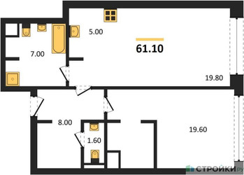 Планировка однокомнатной(квартира) площадью 61.1 квадратных метров в ЖК “ЖК Ренессанс”
